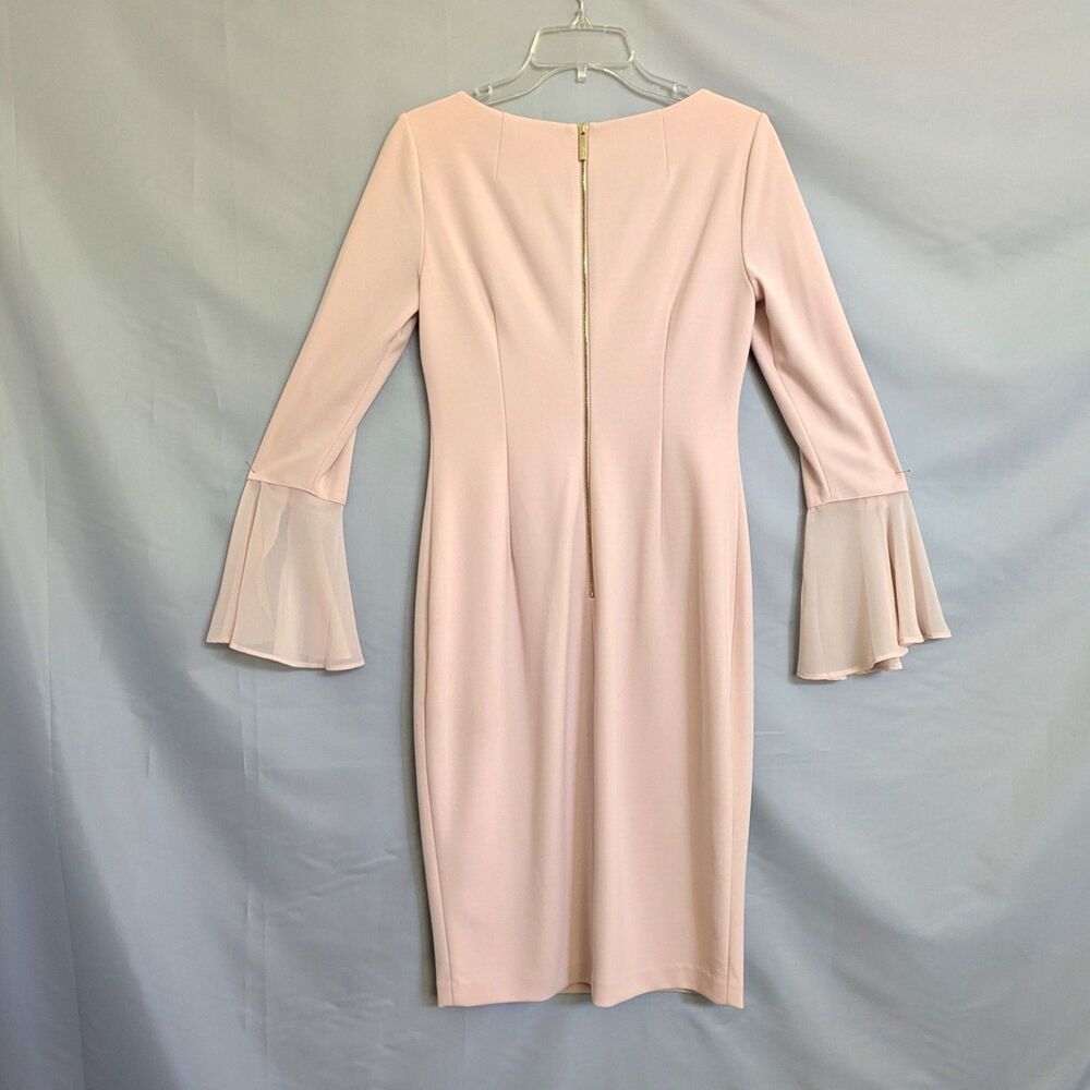 Calvin Klein Blush Pink Chiffon Bell Sleeve Sheath Dress Size 6 Button Detail - Picture 5 of 15
